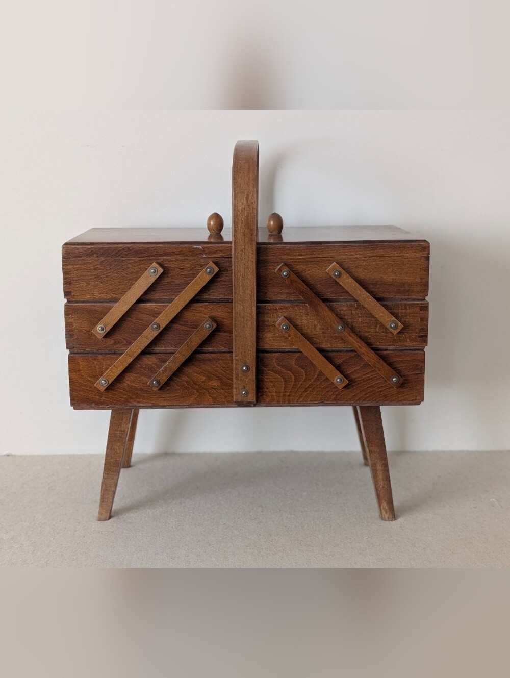 Vintage Wooden Fold Out Sewing Box with Legs Handle 3 Tier Accordion MCM